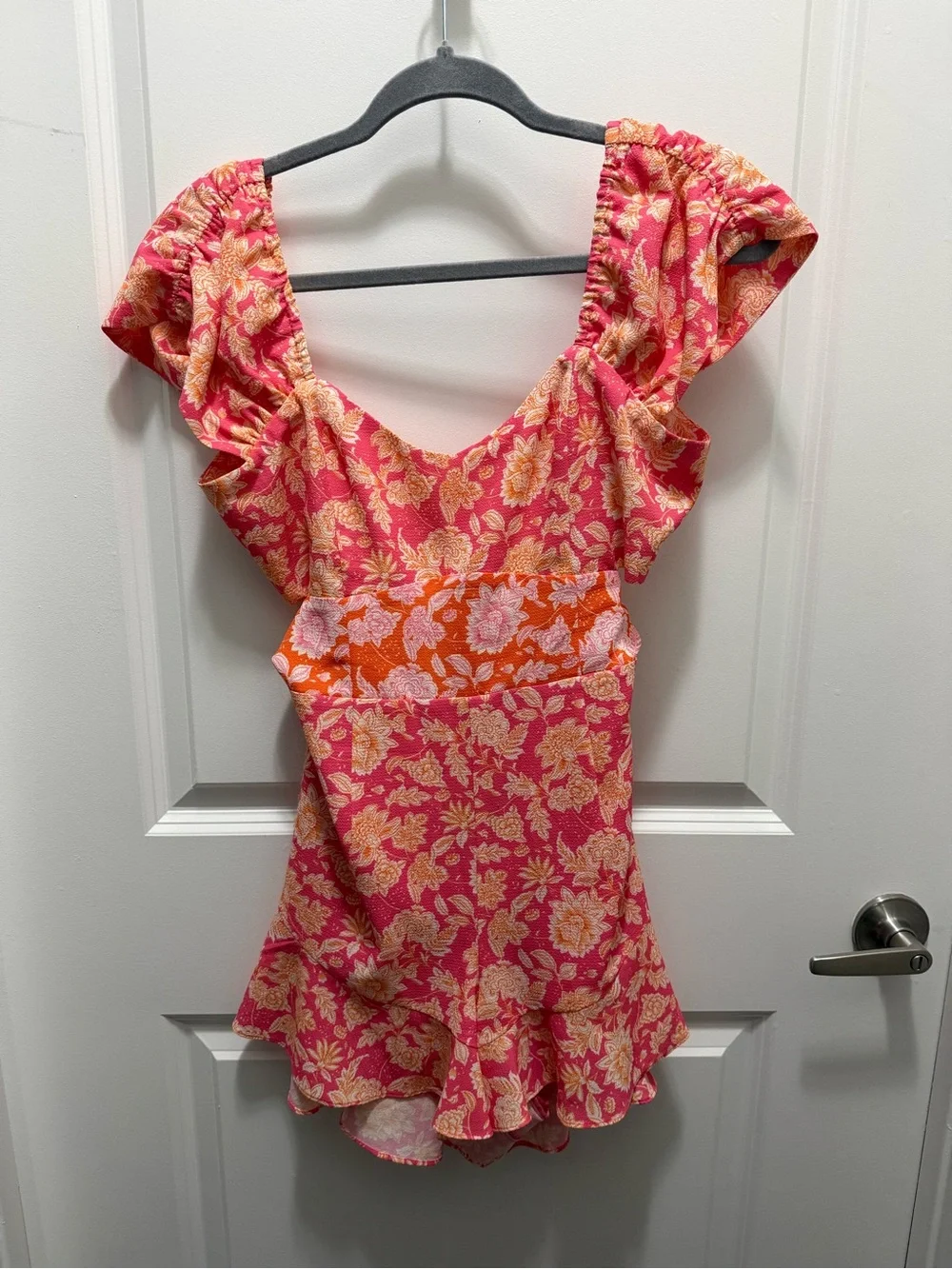 French Connection Pink and Orange Floral Ruffle Sleeve Top
